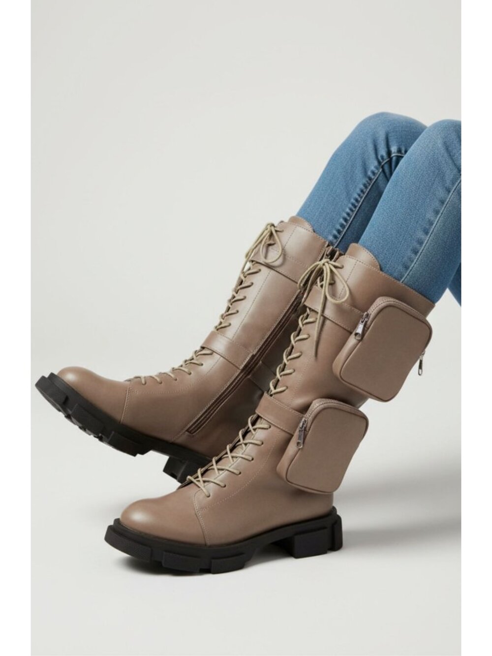 Lace-Up Combat Boots With Dual Detachable Pockets Side Zippers Chunky Soles And